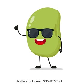 Un personaje alegre y feliz de frijol lleva gafas de sol. Divertido emoticono de caricatura de un amigo amigo que saluda un frijol en estilo plano. ilustración vectorial de habas mung