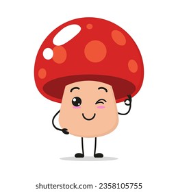 Cute happy mushroom character. Funny smiling and wink fungus cartoon emoticon in flat style. mushroom emoji vector illustration