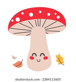 Cute happy mushroom fungus character isolated on white background. Comic funny amusing mushroom with autumn leaves enjoying face expression, cheerful emotion, positive mood vector illustration