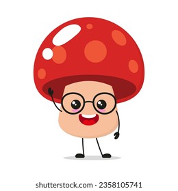 Cute happy mushroom wear eyeglass character. Smiling and greet fungus cartoon emoticon in flat style. mushroom emoji vector illustration