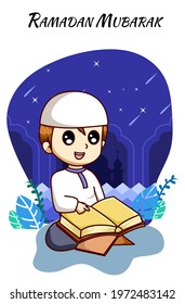 Cute and happy muslim boy reading a koran at ramadan kareem cartoon illustration