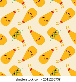 Cute and happy mustard bottles, sauce packages characters vector seamless pattern background for fast food design.