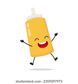 Cute happy mustard sauce bottle character. Funny victory jump celebration food cartoon emoticon in flat style. mayonnaise bottle emoji vector illustration