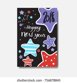 Cute Happy New Year 2018 Card Doodle Design Winter Holiday Poster Vector Illustraion