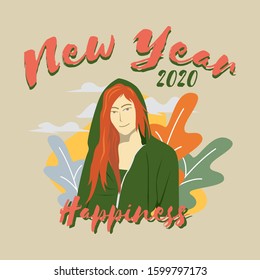 Cute happy new year 2020 flat design. Girl illustration. Holiday new year 2020 flat design template. Eps 10. 