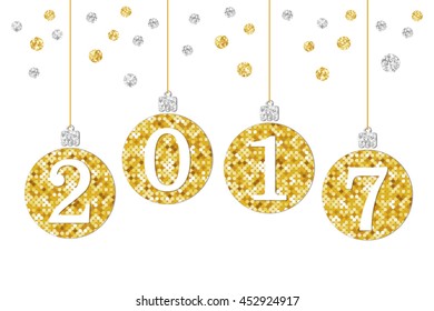 Cute Happy New Year banner with glamour golden glitter Christmas balls with number 2017 hanging on strings