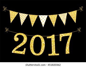 Cute Happy New Year bunting flags with glamour golden glitter number 2017