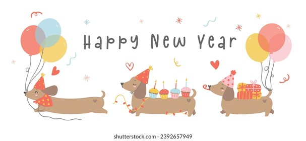 Cute Happy New Year card banner with Dachshund sausage Dogs Party. Kawaii greeting card cartoon hand drawing flat design graphic illustration.