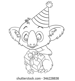 cute and happy new year cartoon koala in a party hat holding a gift box