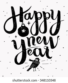 Cute Happy New Year hand made lettering, greeting card. Vector illustration.