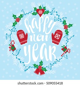 Cute Happy New Year square card with gift boxes, candy canes, bells, snowflakes, hand writing lettering font on blue background