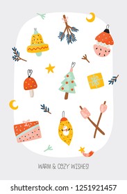 Cute Happy New Year winter elements. Isolated on white background. Motivational typography of hygge quotes. Scandinavian style illustration good for stickers, labels, tags, cards, posters. Vector
