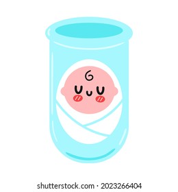 Cute happy newborn baby in test tube. Vector hand drawn flat cartoon kawaii character illustration icon. Isolated on white background. In vitro fertilization, IVF, reproductive technology concept