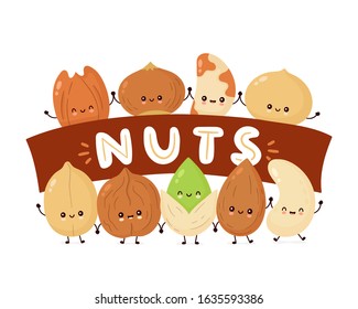 Cute happy nuts banner. Vector flat cartoon character illustration icon design. Isolated on white background. Peanut, hazelnut, walnut, Brazil nut, pistachio, cashew, pecan, almond characters