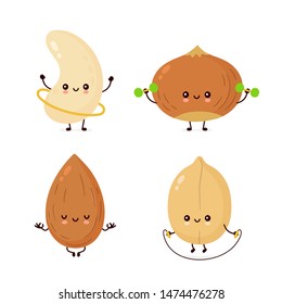 Cute happy nuts make fitness,yoga,gym set collection. Vector flat cartoon character illustration icon design. Isolated on white background. Peanut, hazelnut, cashew, almond characters
