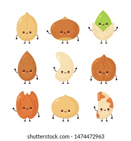 Cute happy nuts set collection. Vector flat Almond cartoon character illustration icon design. Isolated on white background.Peanut,hazelnut,walnut,Brazil nut,pistachio,cashew,pecan,almond characters