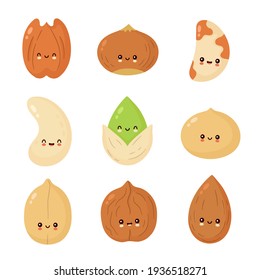 Cute happy nuts set. Vector flat cartoon character illustration icon design. Isolated on white background. Peanut, hazelnut, walnut, Brazil nut, pistachio, cashew, pecan, almond characters collection