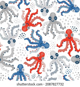 Cute Happy Octopus Vektor nahtloses Muster. Blau Rot Weiße Farben Meereslebewesen Hintergrund. skandinavisches Dekorationsdesign für kindische Kindergarten und Kindergewebe.