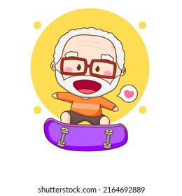 Cute happy old man playing skateboard. Chibi cartoon character.