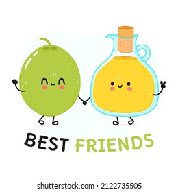 Cute happy olives and olive oil card. Vector hand drawn doodle style cartoon character illustration icon design. Happy olives and olive oil friends concept. Olive, olive oil,healthy food, kids