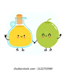 Cute happy olives and olive oil card. Vector hand drawn doodle style cartoon character illustration icon design. Happy olives and olive oil friends concept. Olive, olive oil,healthy food, kids