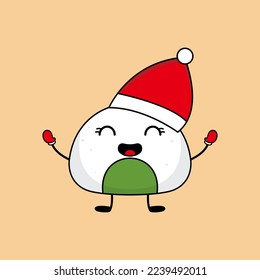 Cute happy onigiri in christmas hat and gloves.