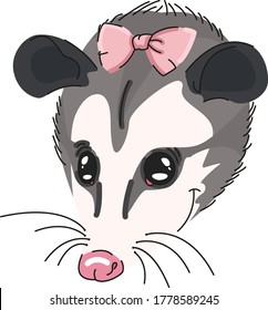 Cute happy opossum smiling with bow tie on head vector cartoon illustration