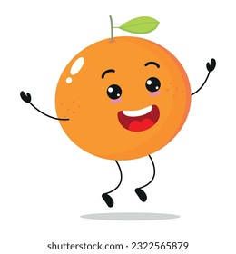 Cute happy orange character. Funny jump orange  cartoon emoticon in flat style. Fruit emoji vector illustration celebration