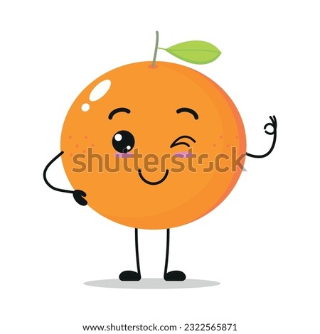 Cute happy orange character. Funny smiling and blink orange cartoon emoticon in flat style. Fruit emoji vector illustration