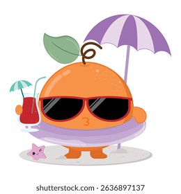 Cute And Happy Orange Fruit Cartoon Character Enjoying The Beach While Drinking Fresh Juice