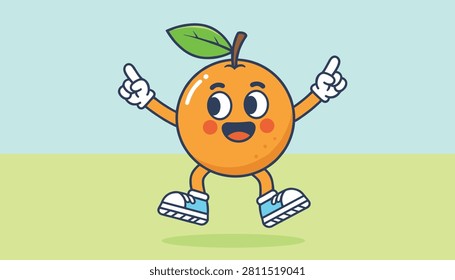 Cute happy orange fruit character jumping and pointing upwards in a vintage cartoon mascot style with green leaf.