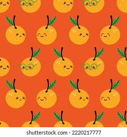Cute happy orange fruit characters vector seamless pattern background for food and nature design.
