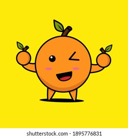 Cute happy orange fruit with wink expression mascot character holding orange fruit. Design for fruit shop, market store. Healthy food concept. Flat vector illustration