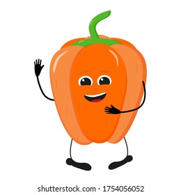 Cute happy orange pepper characters. Vector flat illustration isolated on white background. Doodle character cartoon orange pepper. Vegan vector icon. Vegetarian food. 