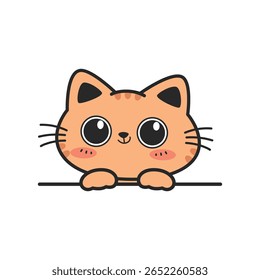 Cute happy orange tabby cat with big eye cartoon hand-drawn style peeking, Kawaii smiling cat doodle
