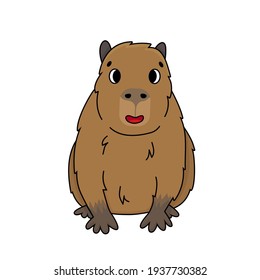 Cute happy outline cartoon vector Capybara sits and smiles. Doodle brown animal is Isolated on white background, front view. Mammal native to South America