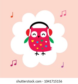 cute happy owl listens to music cartoon vector
