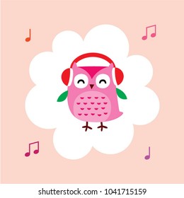 cute happy owl listens to music cartoon vector