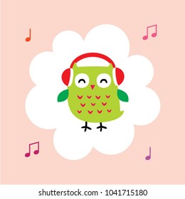 cute happy owl listens to music cartoon vector