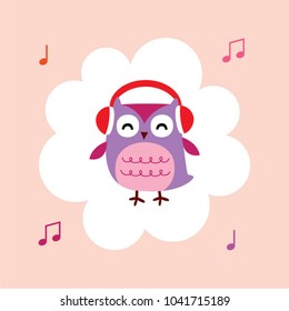 cute happy owl listens to music cartoon vector