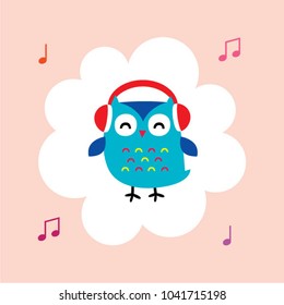 cute happy owl listens to music cartoon vector