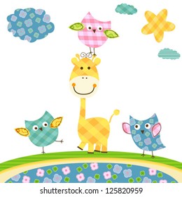 cute happy owls & giraffe