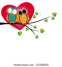 Cute and  happy owls on tree with hearts