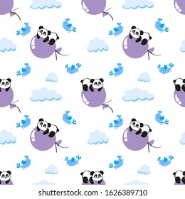 Cute happy panda, balloon, blue bird and clouds. Hand-drawn seamless pattern, vector design. Wallpaper, wrapping, wrapping paper, textiles.