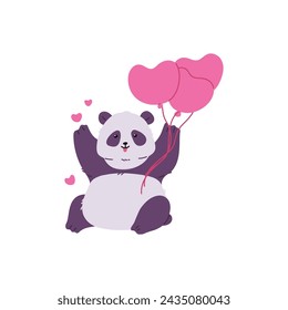 Cute happy panda bear sitting and holding heart shaped balloons flat style, vector illustration isolated on white background. Decorative design element, happy animal character