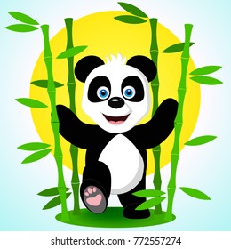 A cute happy panda bear smiles broadly striding among the bamboo branches against the background of the yellow sun and the blue sky. Vector illustration.