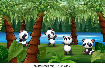 Cute happy panda cartoon playing in a palm forest
