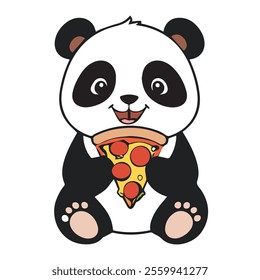 A Cute happy panda eats pizza, vector illustration, sticker
