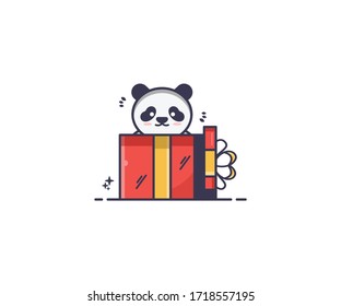 cute and happy panda pissed open the box he had