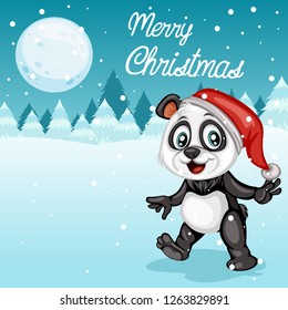 Cute Happy Panda with Red Santa Hat on a Christmas Card. Merry Christmas Banner with Place for Text. Cartoon Vector Illustration. Happy New Year. Winter Scene